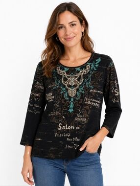 Cactus Embellished Graphic Top Black 3/4 Sleeve Boho Rhinestone Size M